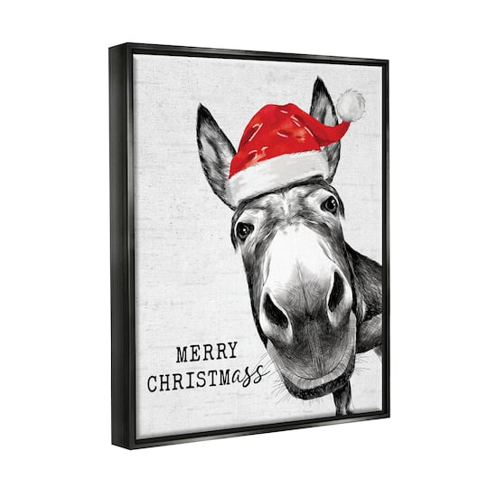 Stupell Industries Merry Christmass Funny Donkey Framed Floater Canvas Wall Art